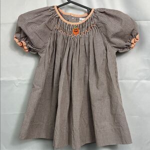 Bebe Mignon brown gingham smocked pumpkin embroidered puff sleeve fall dress 9m